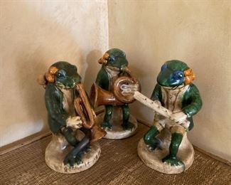 Vintage Majolica pottery frog musician trio.  Whimsical and charming.  