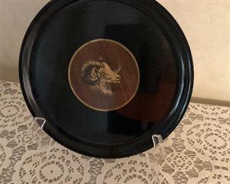 Courac tray with wood and brass inset ram’s head 