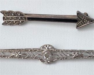 Vintage 14 Karat White Gold Filigree Bar Pin & Sterling Silver Marcasite Arrow Hat Pin Marked 925 Jewelry
Lot #: 29