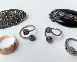 2 Vintage Marcasite Brooches & 4 Rings Including 2 Irish Claddagh Rings Jewelry
Lot #: 142