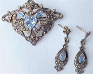 Vintage Sterling Silver Marcasite Brooch Pin & Dangling Earrings, Marked 925 Jewelry
Lot #: 18