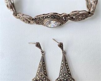 Vintage Sterling Silver Marcasite Bracelet & Dangling Earrings, Marked 925 & 828 Jewelry
Lot #: 31