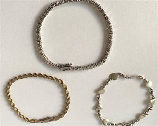 3 Sterling Silver Bracelets: Twist From Italy, Rhinestone & Hearts
Lot #: 32