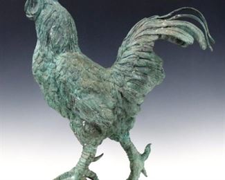 A late 20th century Bronze Rooster figure with verdigris patina.  Some oxidation and surface buildup.  26" high.  ESTIMATE $400-600
