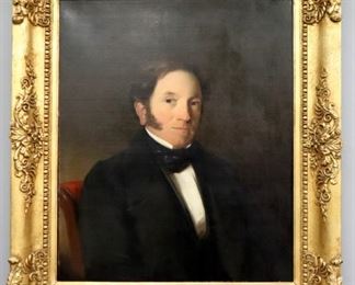 A mid 19th century British Victorian Period portrait of a gentleman.  Depicted three quarter length wearing Black dress attire, unsigned.  Stretcher with "Cha's G. Smithers, London" framing label.  Slight wear, canvas lined, minor in-painting, surface grunge.  Image 24 1/2 x 29 1/2" high, in a Gilt wood and gesso frame with minor wear, 34 x 39" high overall.  ESTIMATE $ 
