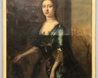 An early 19th century French oil on canvas portrait of a lady.  Depicted three quarter length wearing a Blue dress and holding grapes with landscape in the background, unsigned.  Depository labels from "Barnby Bendall and Co." and "Hobson & Sons Ltd." at stretcher.  Canvas lined with some repairs, fine craquelure, some surface grunge and minor abrasions.  Image 32 3/4 x 42" high, in a Gilt wood and gesso frame with some wear, 35 1/4 x 44 3/4" high overall.  ESTIMATE $800-1,200
