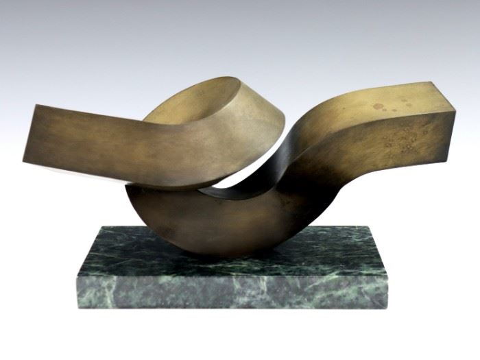 Lot 66: Clement Meadmore, American, 1929-2005.  A 1970's patinated Bronze abstract sculpture on a rectangular Verde Marble base.  Signed "Meadmore", dated "'72" and numbered "2/10" at base.  Minor surface wear and discoloration to patina.  Approx. 10 x 4 1/2 x 5" high overall.  ESTIMATE $4,000-6,000

