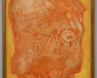 Lot 249: Fernando Ramos Prida, Mexican, b. 1937.  A 1970's mixed media on canvas figural abstract, titled "Tarde de Addlescencia".  Depicts a young couple dancing beneath a sun and airplane using impasto and sgraffito technique.   Signed "Ramos Prida" and dated "70" lower right, tag from "Forsythe Gallery, Ann Arbor, Michigan" verso.  Some surface grunge.  Image 19 1/4 x 23" high, in a molded wood frame, 21 x 24 1/4" high overall.  ESTIMATE $300-500