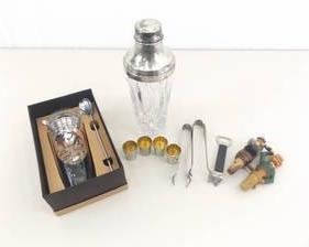 Lot of Vintage Bar Accoutrements, Crystal Shaker, etc.