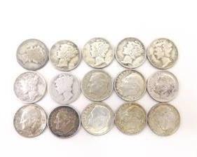 Lot of 15 Pre-1964 Mercury and Roosevelt Silver Dimes