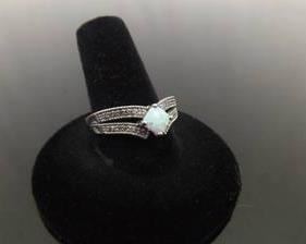 .925 Sterling Silver Diamond Accented Opal Ring Size 10