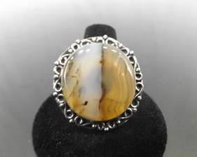 .925 Sterling Silver Moss Agate Cabochon Cocktail Ring Size 8.5