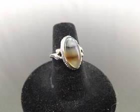 .925 Sterling Silver Moss Agate Cabochon Ring Size 6