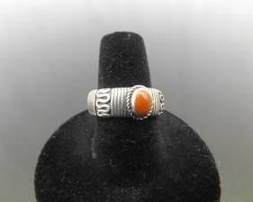 .925 Sterling Silver Coral Cabochon Ring Size 7.75