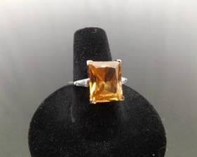 .925 Sterling Silver Square Cut Citrine Crystal Ring Size 8