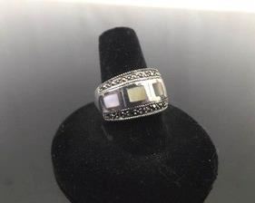 .925 Sterling Silver Art Nouveau Inlayed Mother of Pearl Ring Size 9