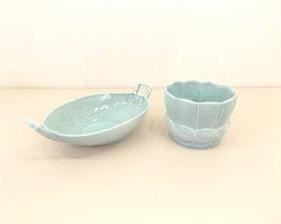 Vintage Red Wing Pottery Blue Speckle Small Planter and Handled Bowl