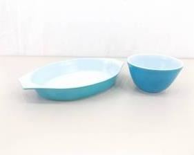 2 Blue Pyrex Casserole and Mixing Bowl