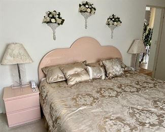 Post Modern Bedroom Suite, circa 1980: King size Sleep Number bed/headboard, two side tables & dresser + mirror, laminate wood