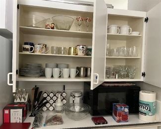 Amazon Basics dish set, Longchamp crystal, Pyrex nesting bowls, Sharp microwave R459Y, Henckels knife block set