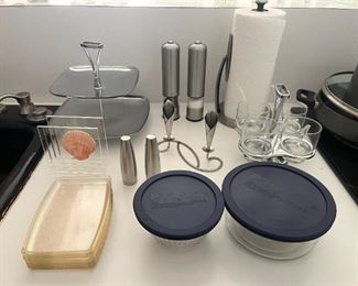 MCM Stainless 2 tier server, MCM stainless/glass condiment server, Dansk stainless shakers, Jagurd grinders