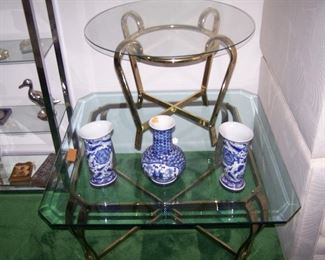 GLASS-TOP TABLES & BLUE & WHITE VASES