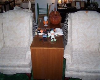 PAIR OF WING CHAIRS & CHEST OF DRAWERS