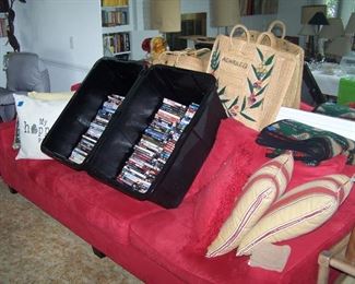 RED SOFA, TUBS OF VCR TAPES