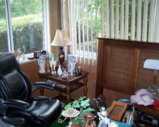 HEADBOARD, OFFICCE CHAIR, ONE OF A PAIR OF LAMP TABLES & SMALLS