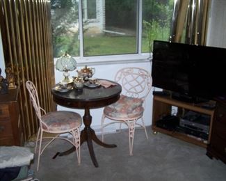 DRUM TABLE, PAIR OF METAL CHAIRS, TEA SET, FLAT-SCREEN TV
