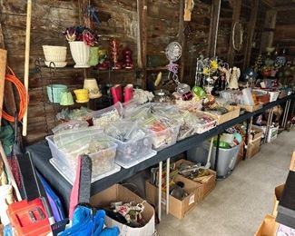 garage items include bags of buttons, pottery vases and more