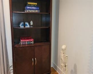 4 piece wood home office, 2 book shelves, filing cabinet and V desk unit