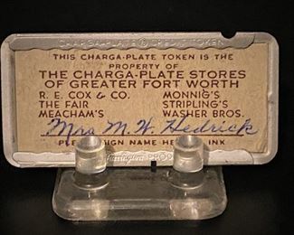 Vintage Charga-Plate Token for the Charga-Plate Stores of Greater Fort Worth, Texas........To register and to place bids simply go to www.capitolsalesservices.hibid.com
