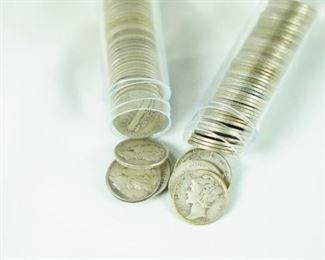 Two rolls of silver mercury dimes