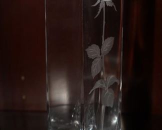 Etched rose crystal vase