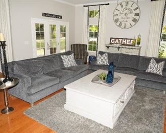 Pottery Barn ultrasuede sofa, coffee table and cabinet