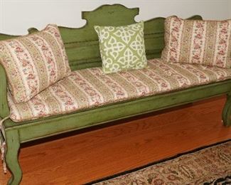 Distressed green wood bench
