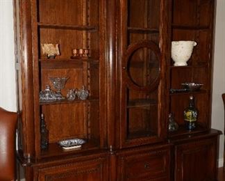 Gorgeous carved wood media cabinet bookcase-very contemporary and in great condition.