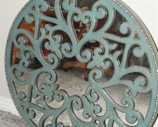 Teal inlaid scroll wood wall mirror