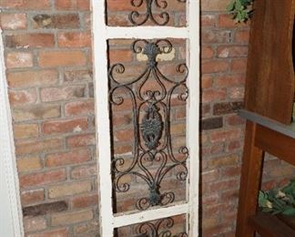 Distressed white wood & iron scroll wall door