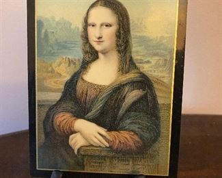 Mint condition early American lacquer (with black frame) painted wood of the "Mona Lisa".  6" x 4" with stand. 