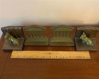 Two bronze Art Deco bookends - Scotty Dog and Acropolis