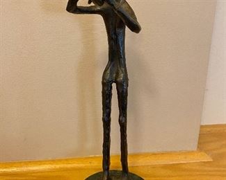 Bronze Horn Player on marble base and gem stone insert.  14"