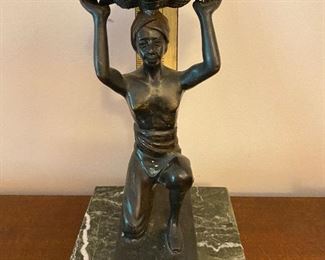 Nubian Servant Carrying Sea Shell Dish- Bronze on Green Marble Base.  9" 