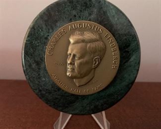 "Lucky Lindy" Charles Lindbergh Minnesota native. Paper Weight bronze and marble 3" diameter 