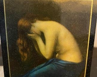 Early American Lacquer on wood 'Weeping Woman' with stand.  4" x 3"