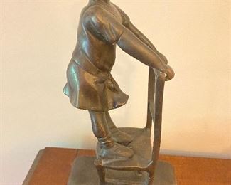 Bronze Girl on Chair mounted on wood base.  12.5" 