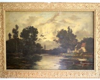 19th French oil on canvas landscape painting by Leon Richet, previously restored, $450