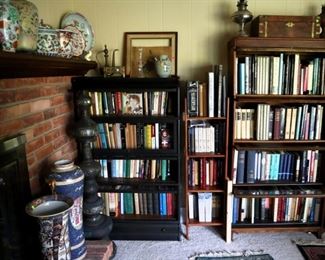 Chinese porcelain $25-$100 each, Persian Copper items $25-50,  4 Stack bookcase $450, 5 Stack bookcase $550, antique and vintage books $1-10 each