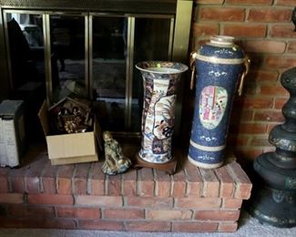 Chinese porcelain umbrella stand, tall vase and corbel figure $100 each, Chinese Cloisonne floor lamp $100